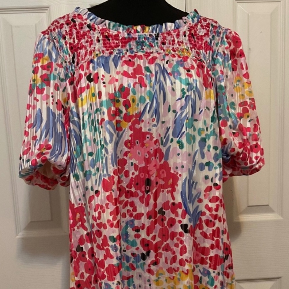 Umgee Women’s 1XL Mixed Metallic Print Puff Sleeve Dress
